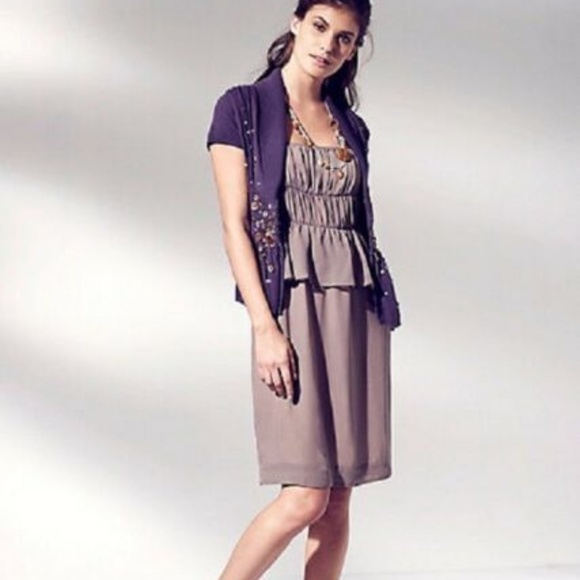 Anthropologie Taupe Tiered Silk Peplum Dress 2 - Picture 1 of 4
